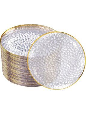 100PCS Gold Hammered Plastic Dinner Plates, 10 Inch Elegant Party Tableware